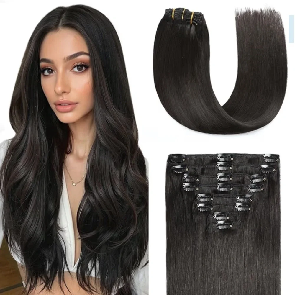 Natural Black Double Weft Clip In Remy Extensions 100% Human Hair #1B  8Pcs 120g